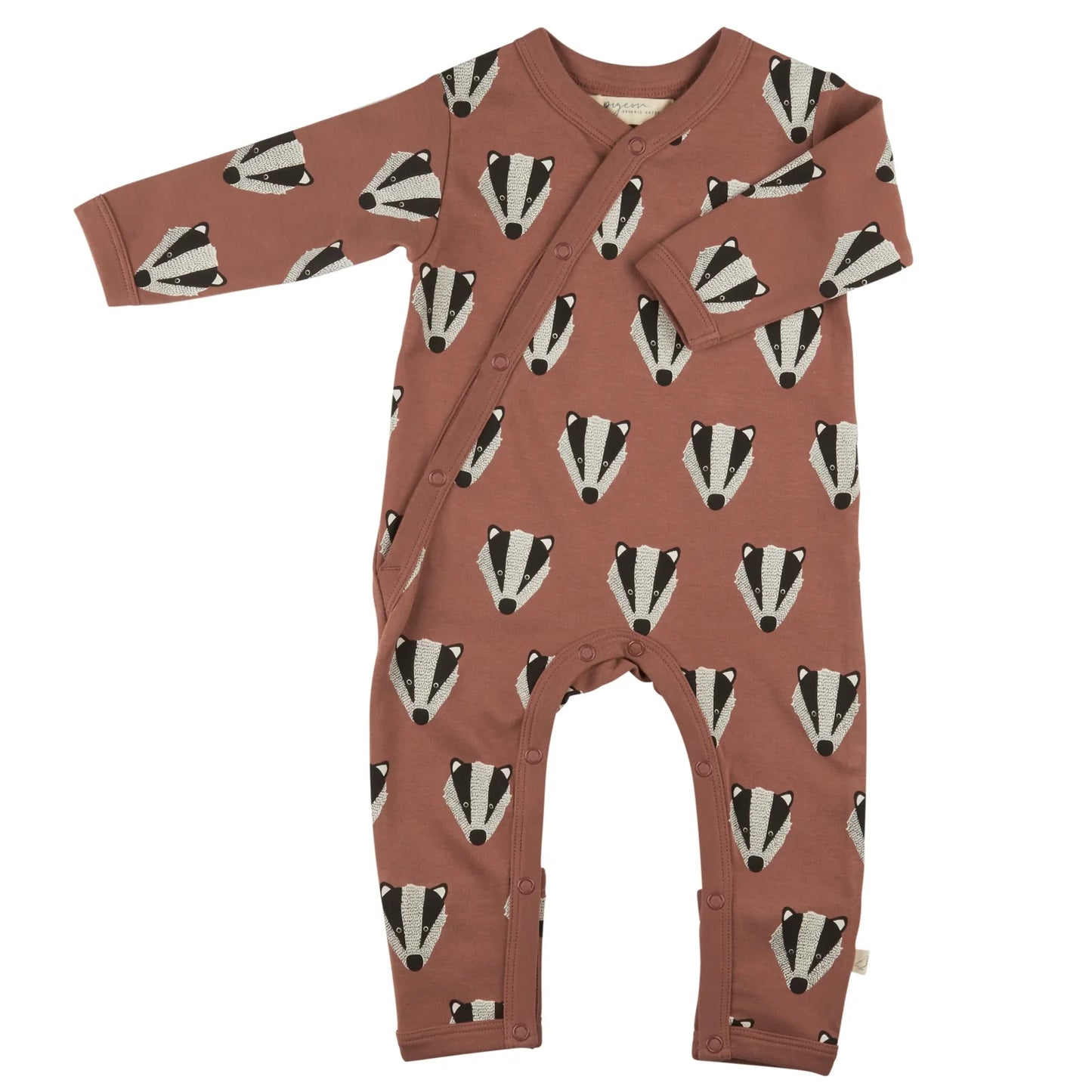pigeon organics babygrow in badger print