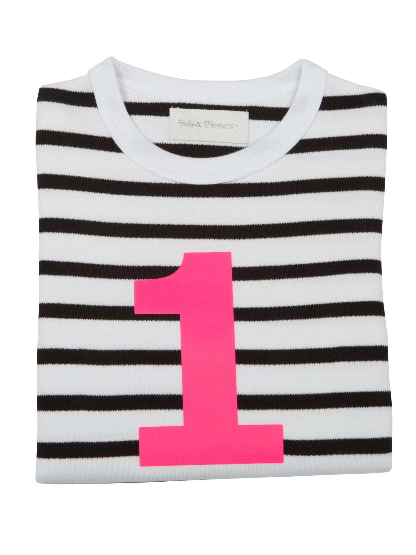 black and white striped t short with hot pink number one on the front