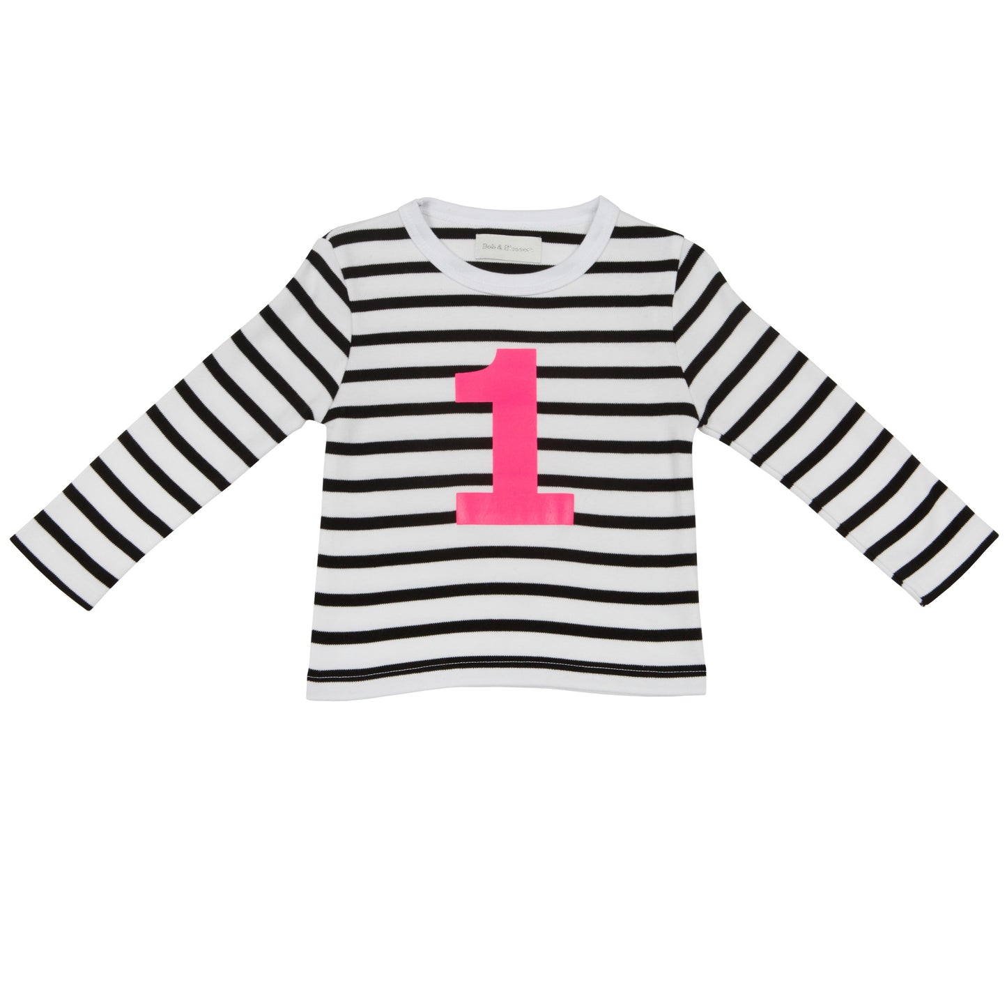 black and white breton top with neon pink number one on the front