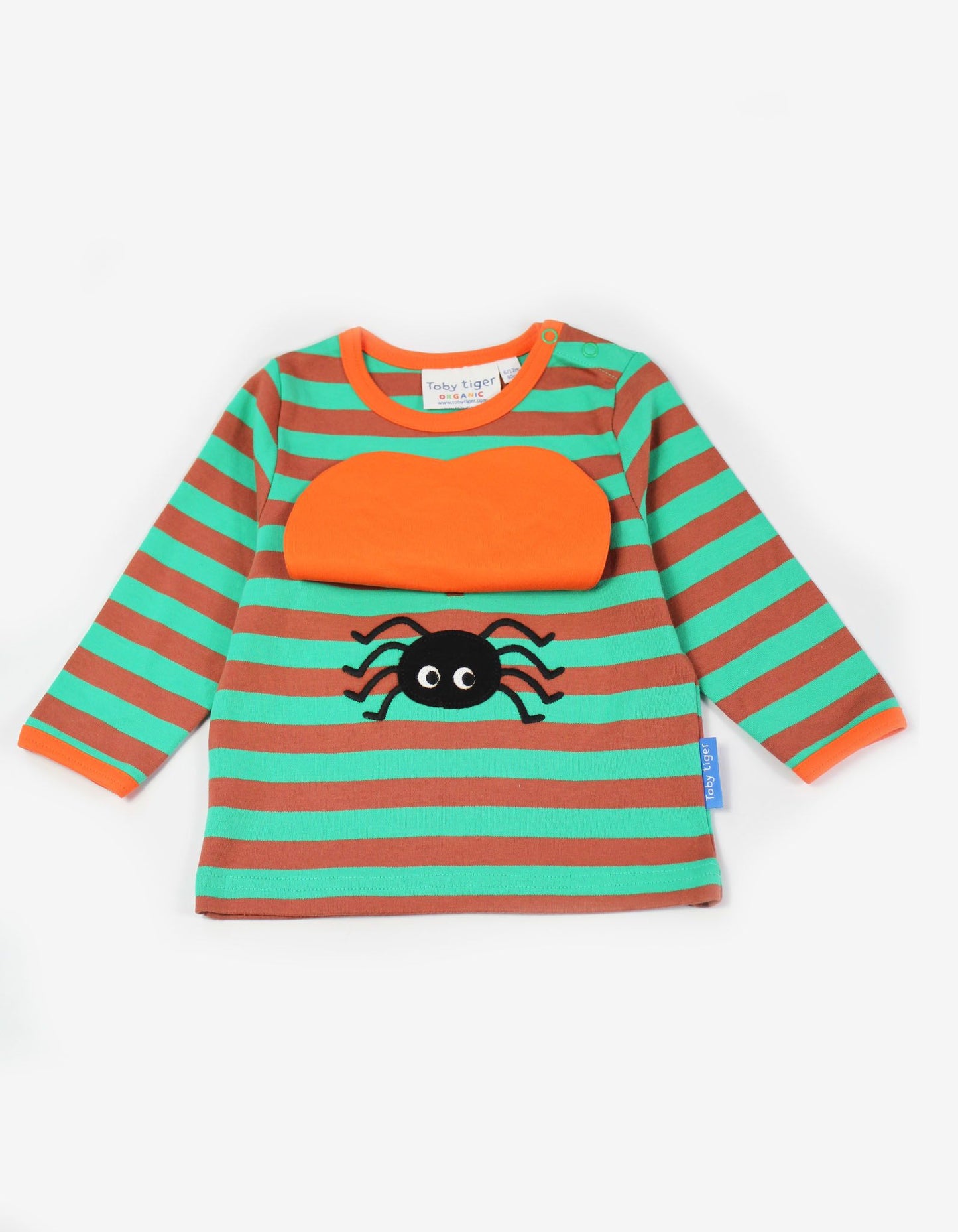 orange and green striped t shirt with applique pumpkin on the front