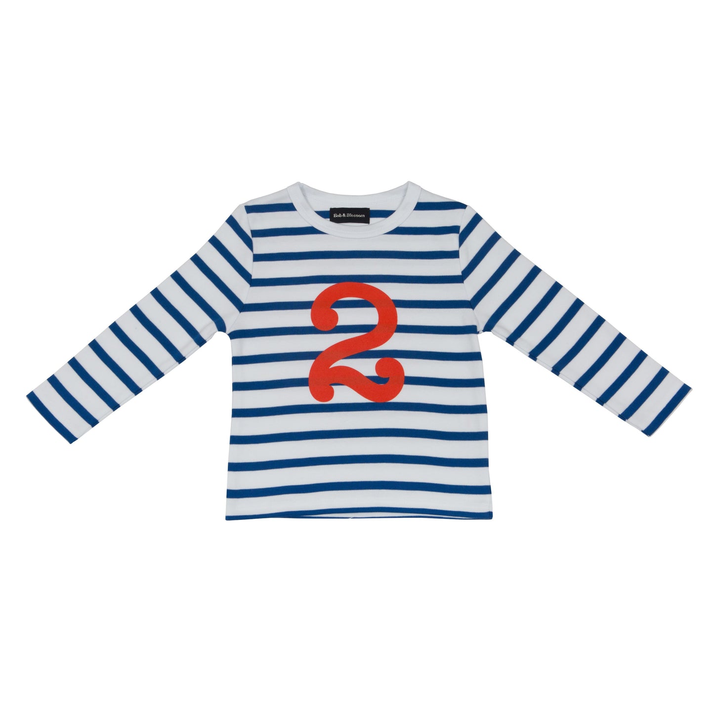 french blue and white striped t shirt with bright red number 2 on the front