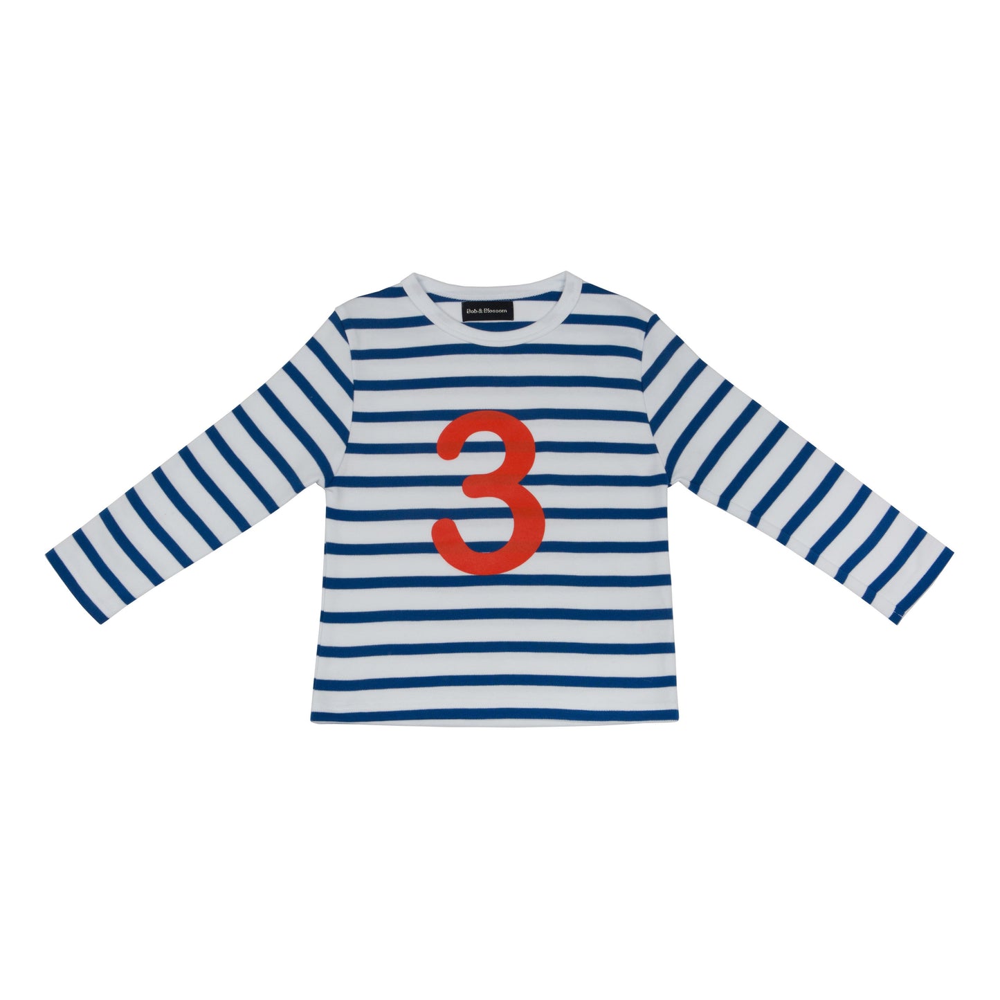 french blue and white striped t shirt with bright red number 3 on the front