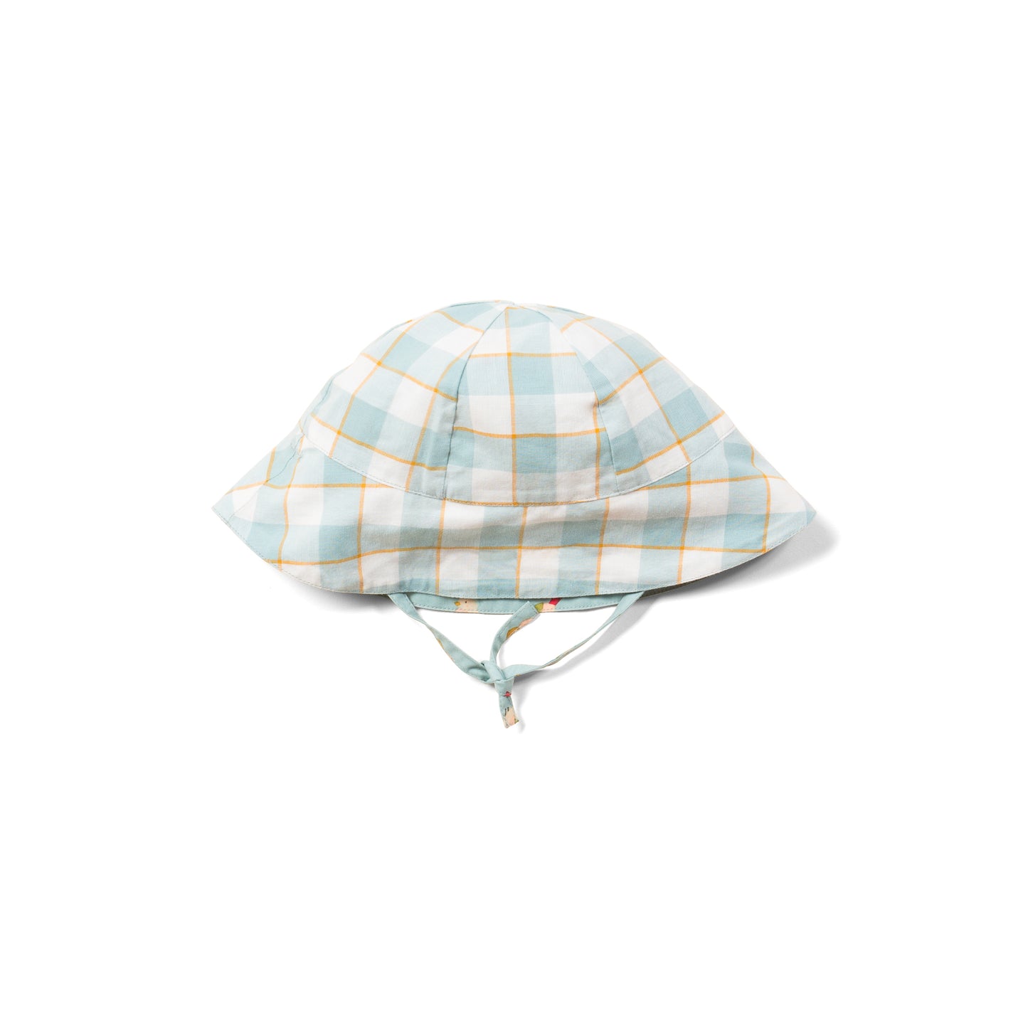 reversible sunhat in rainbow birds print and pale blue check by little green radicals at whippersnappersonline