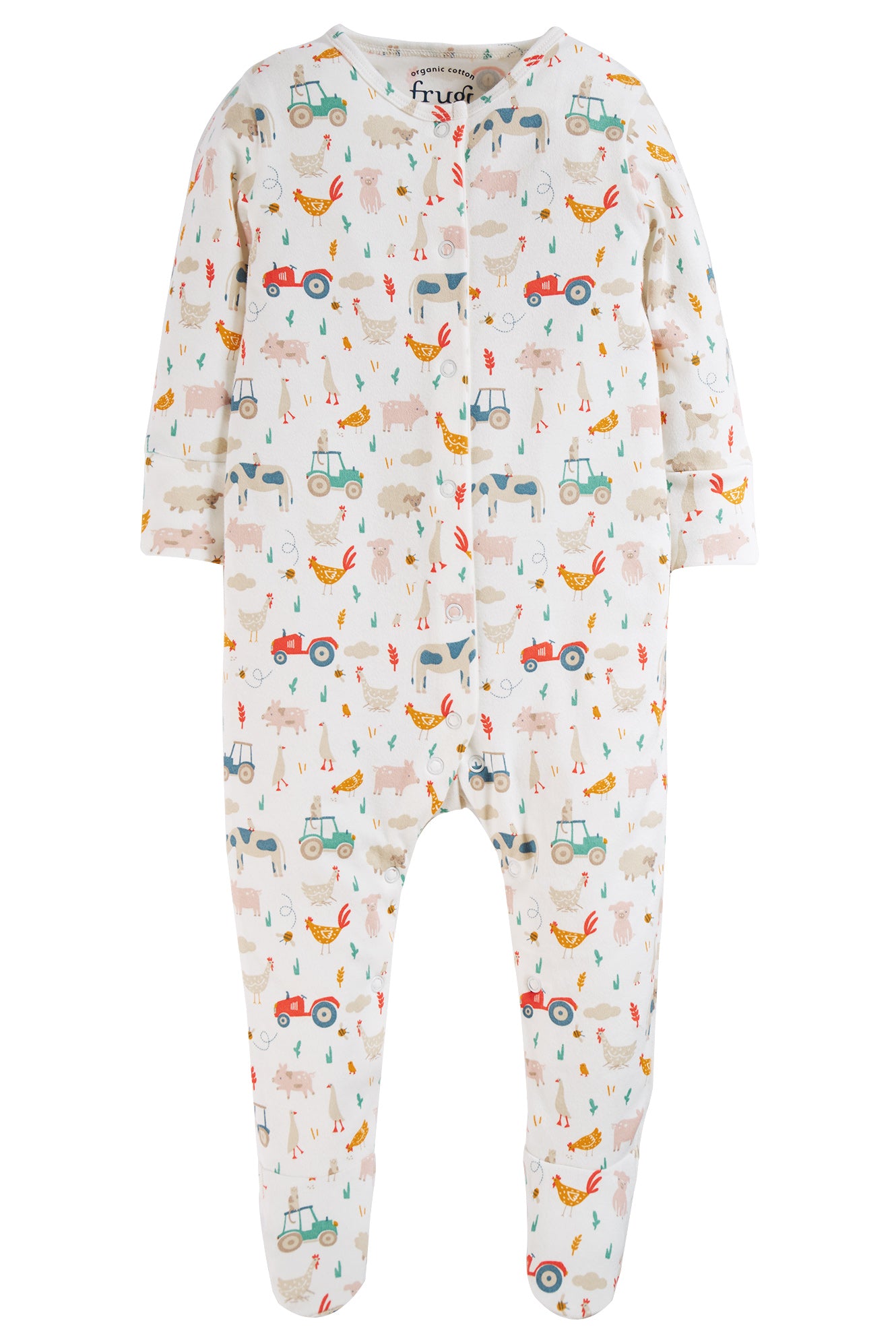 frugi lovely babygrow with farmyard print at whippersnappers online