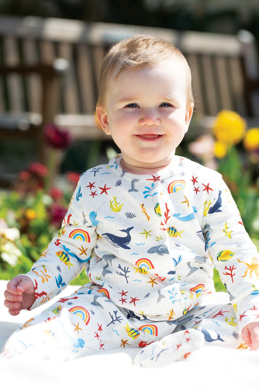 frugi lovely white rainbow sea babygrow at whippersnappers