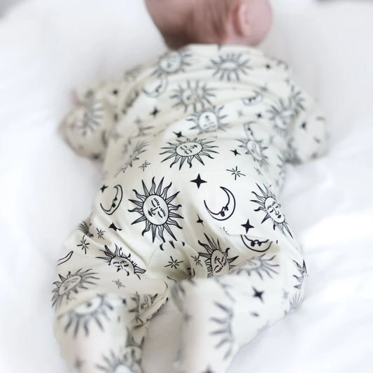 Fred & Noah sun moon cotton baby sleepsuit at whippersnappers online