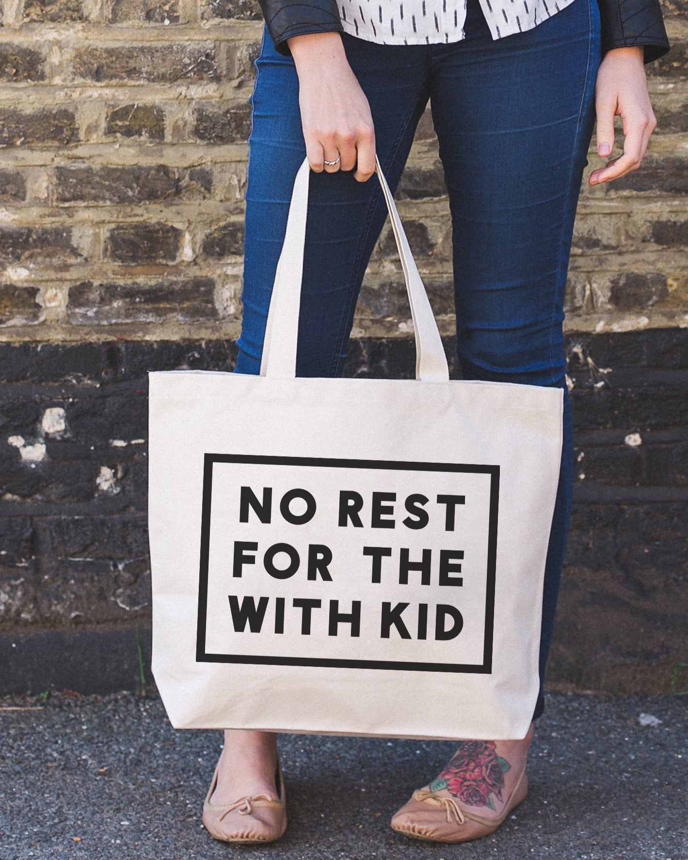 no rest for the with kid canvas tote bag at whippersnappers online
