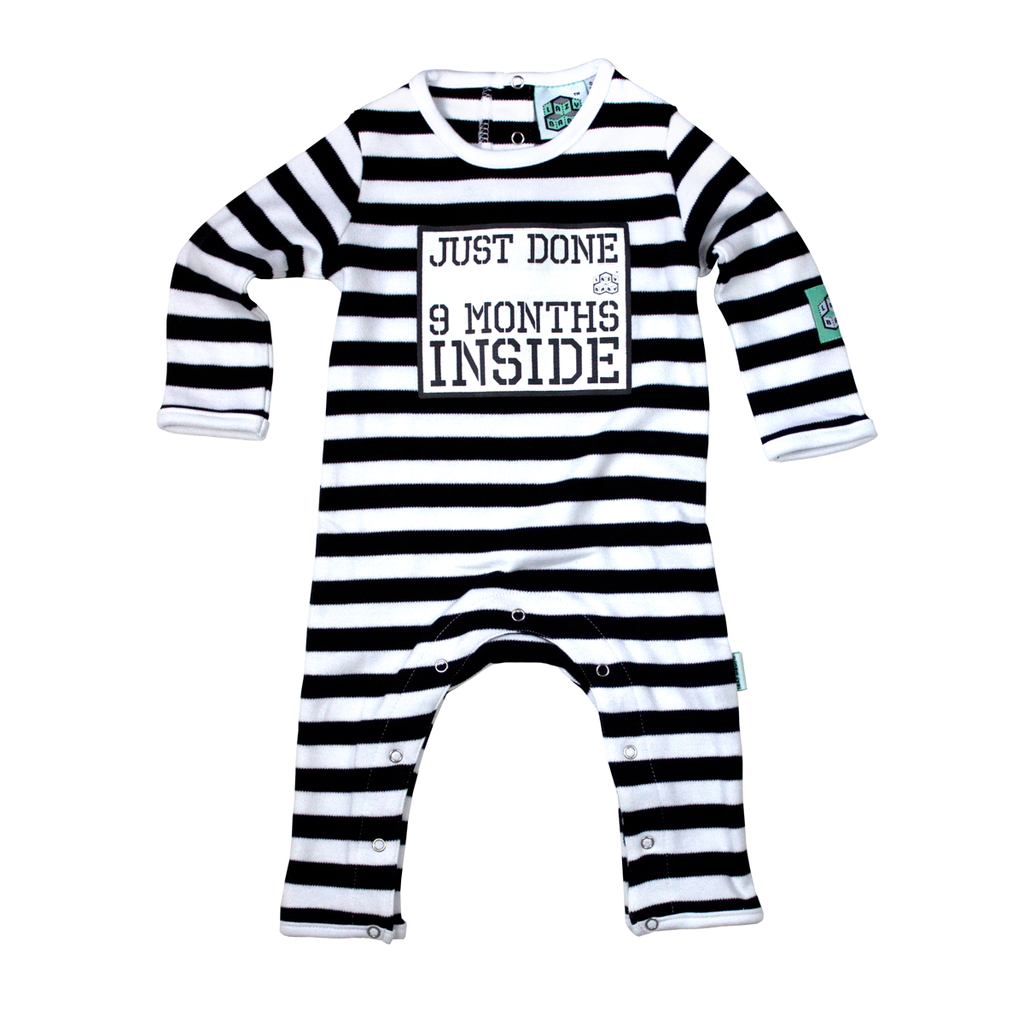 Lazy Baby black & white striped babygrow with just done 9 months inside slogan