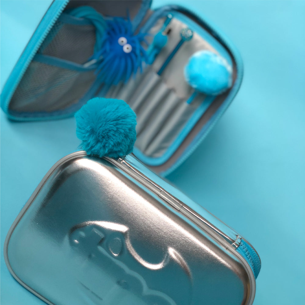 Tinc Metallic Hardtop Pencil Case with electric blue trim and pom pom zip charm