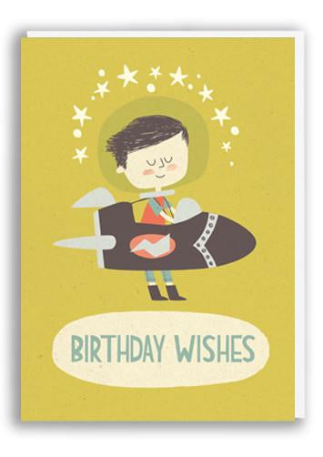 Birthday Wishes birthday card with rocket and boy vintage design by 1973