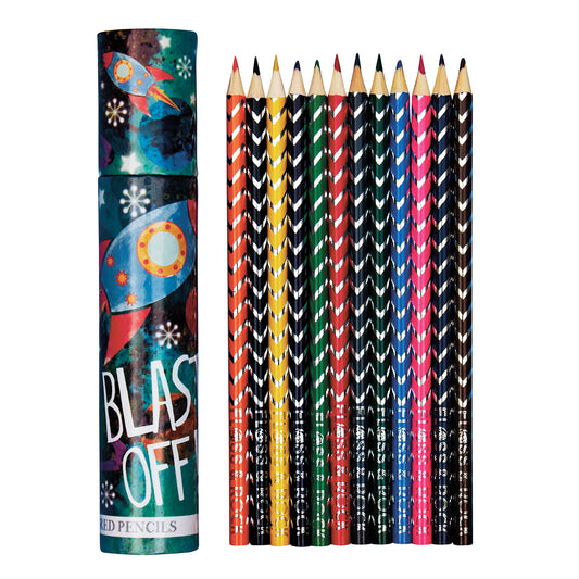 Cardboard tube with rocket / space design containing 12 coloured pencils from Floss & Rockwith