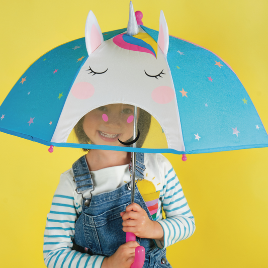 colour changing unicorn umrella with 3D horn and ears and clear viwing pane