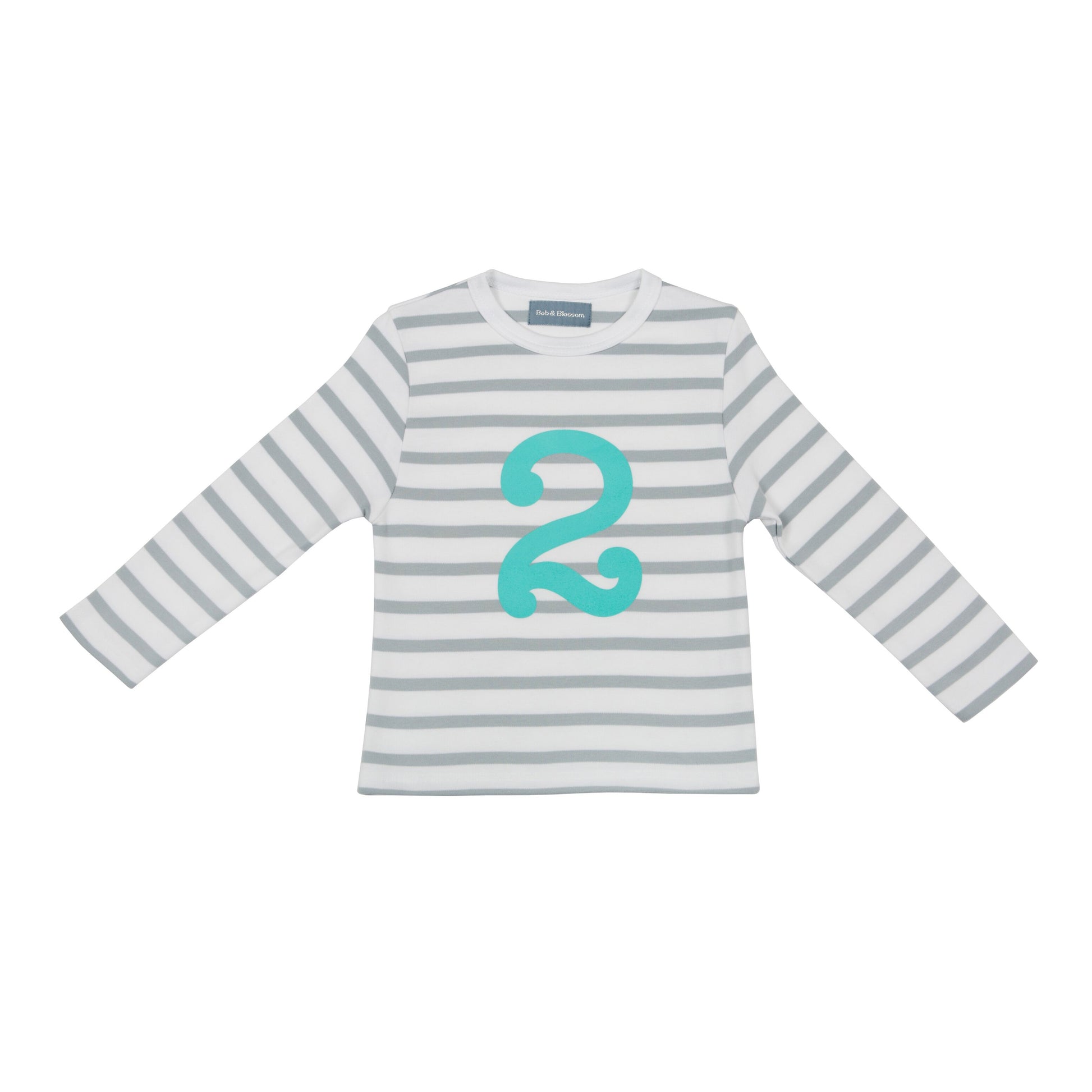 Bob & Blossom grey and white striped long sleeved t shirt with turquoise number 2