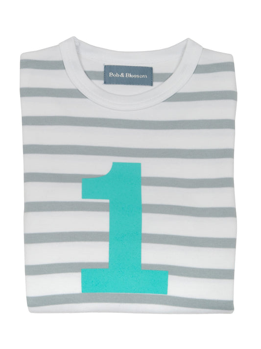 grey and white striped top with aqua number n the front