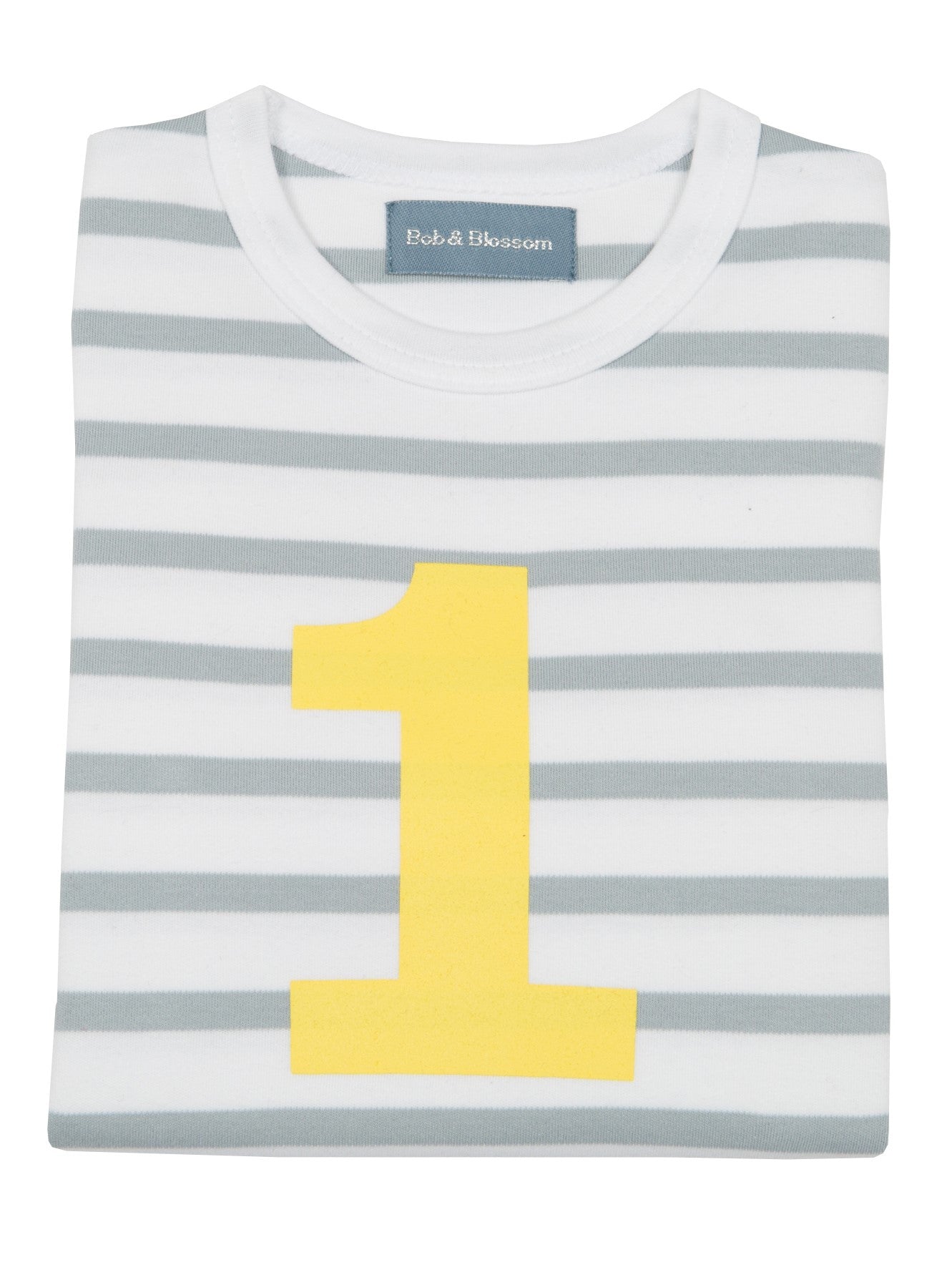 grey and white striped top with yellow number on the front
