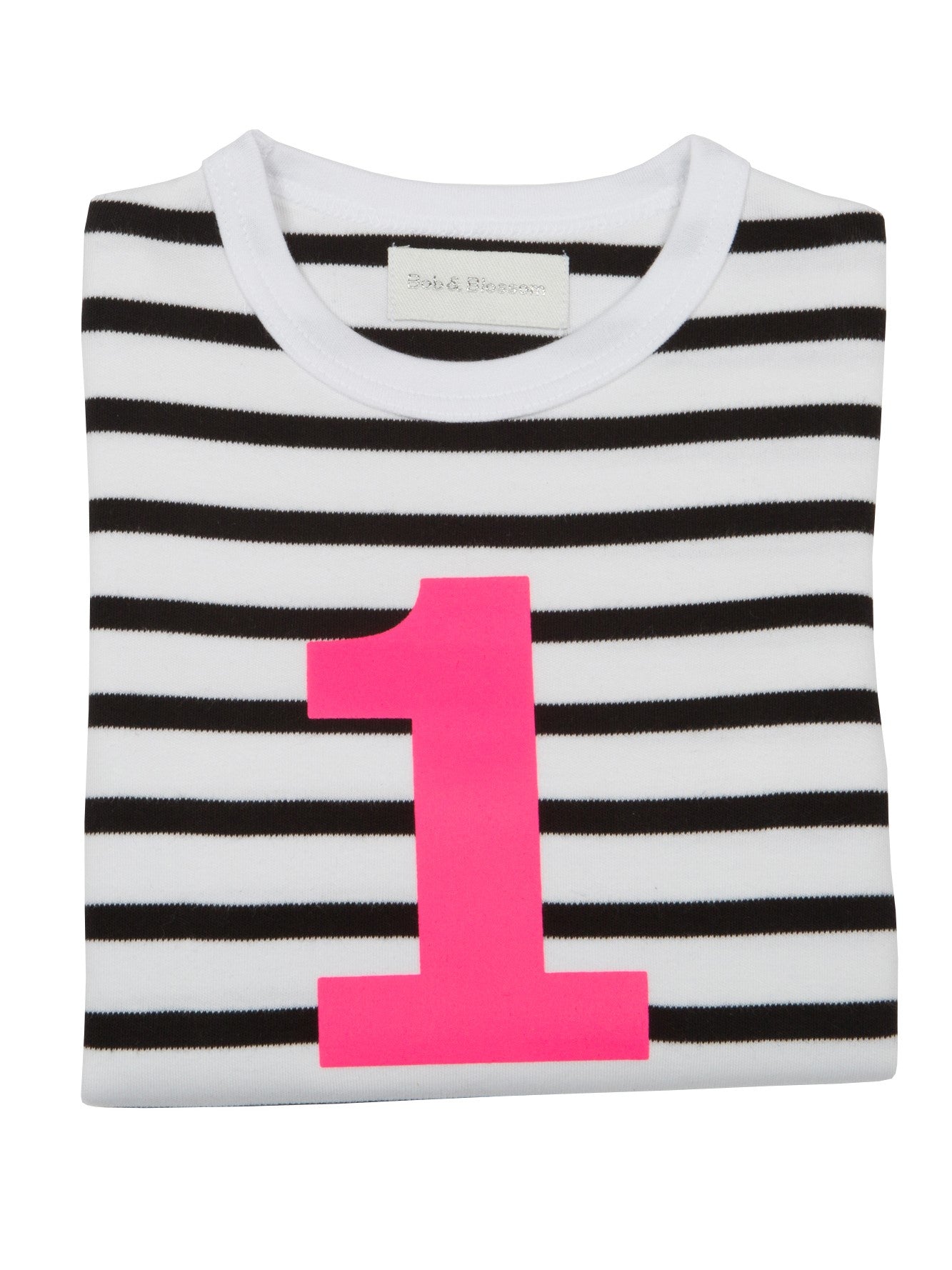 black and white striped t short with hot pink number one on the front