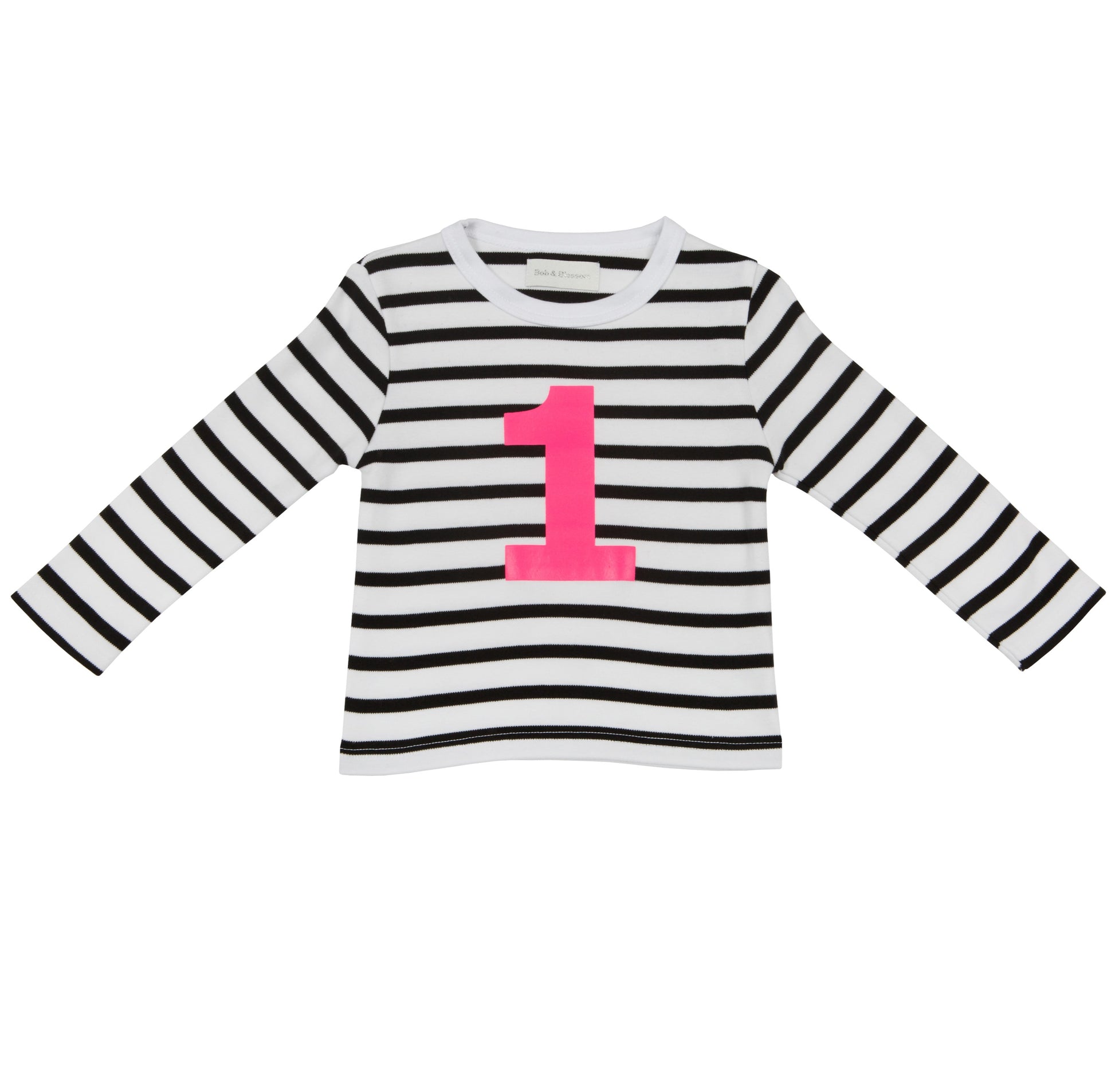 black and white breton top with neon pink number one on the front