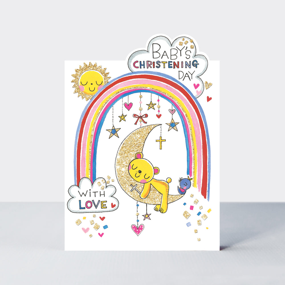 baby's christening card with teddy lying on a glittery moon