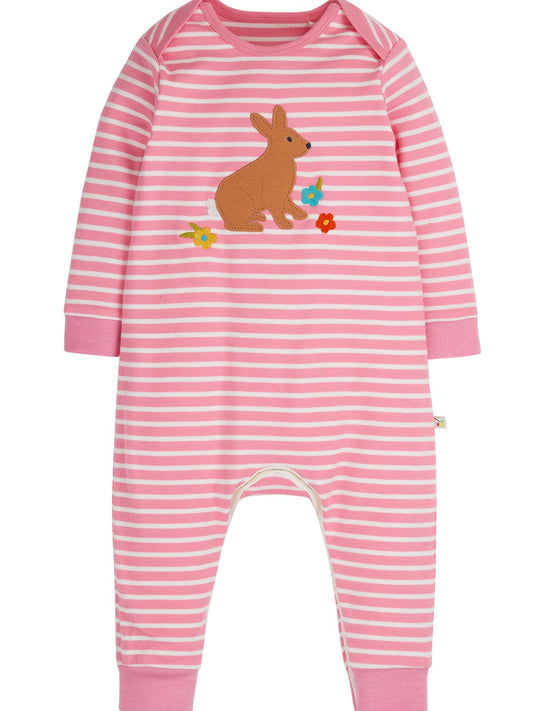 pink & white striped romper suit with bunny applique on the front by frugi at whippersnappersonline
