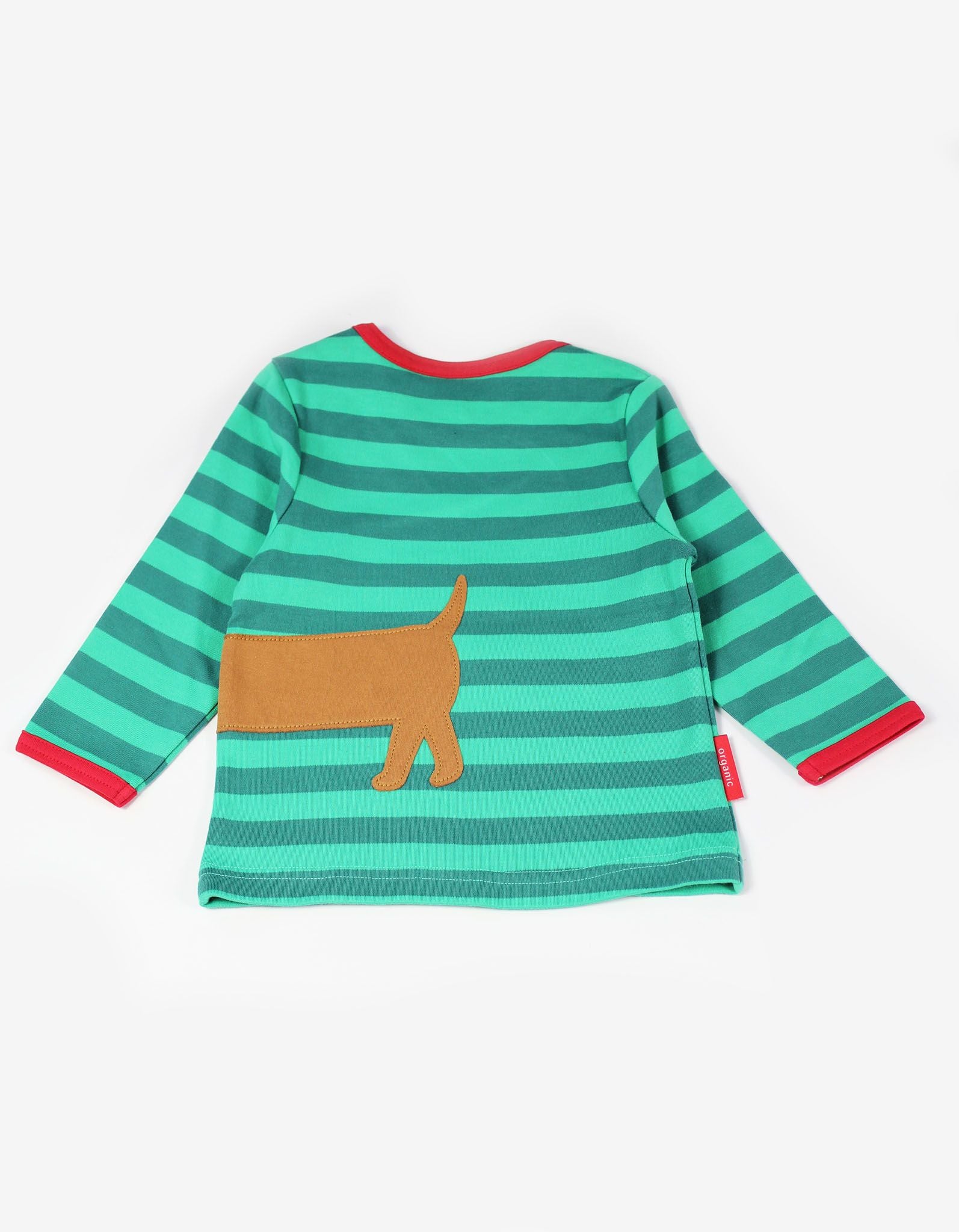 green striped top with festive sausage dog applique on the front