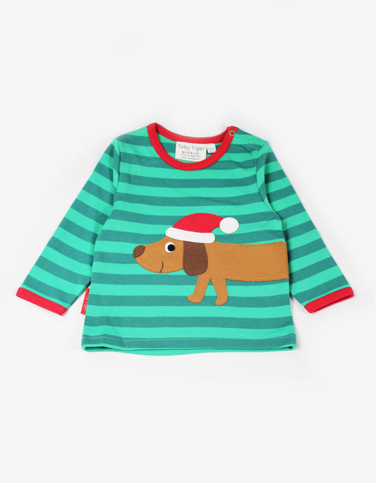 green striped top with festive sausage dog applique on the front