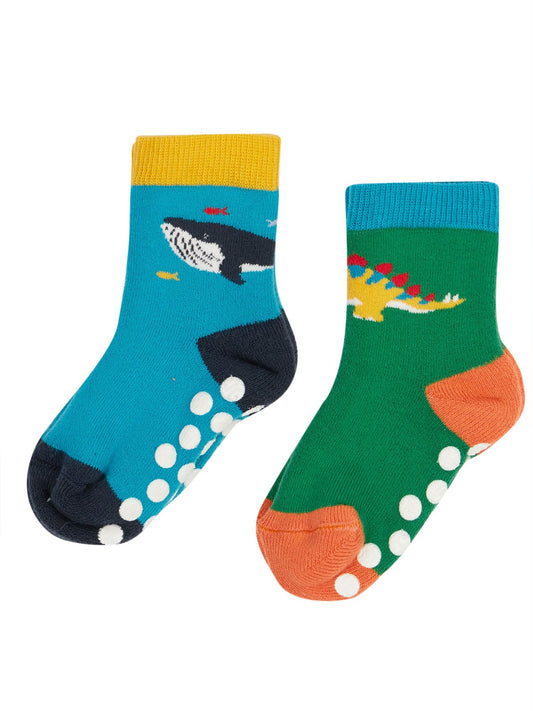 frugi grippy socks in whale and dino designs