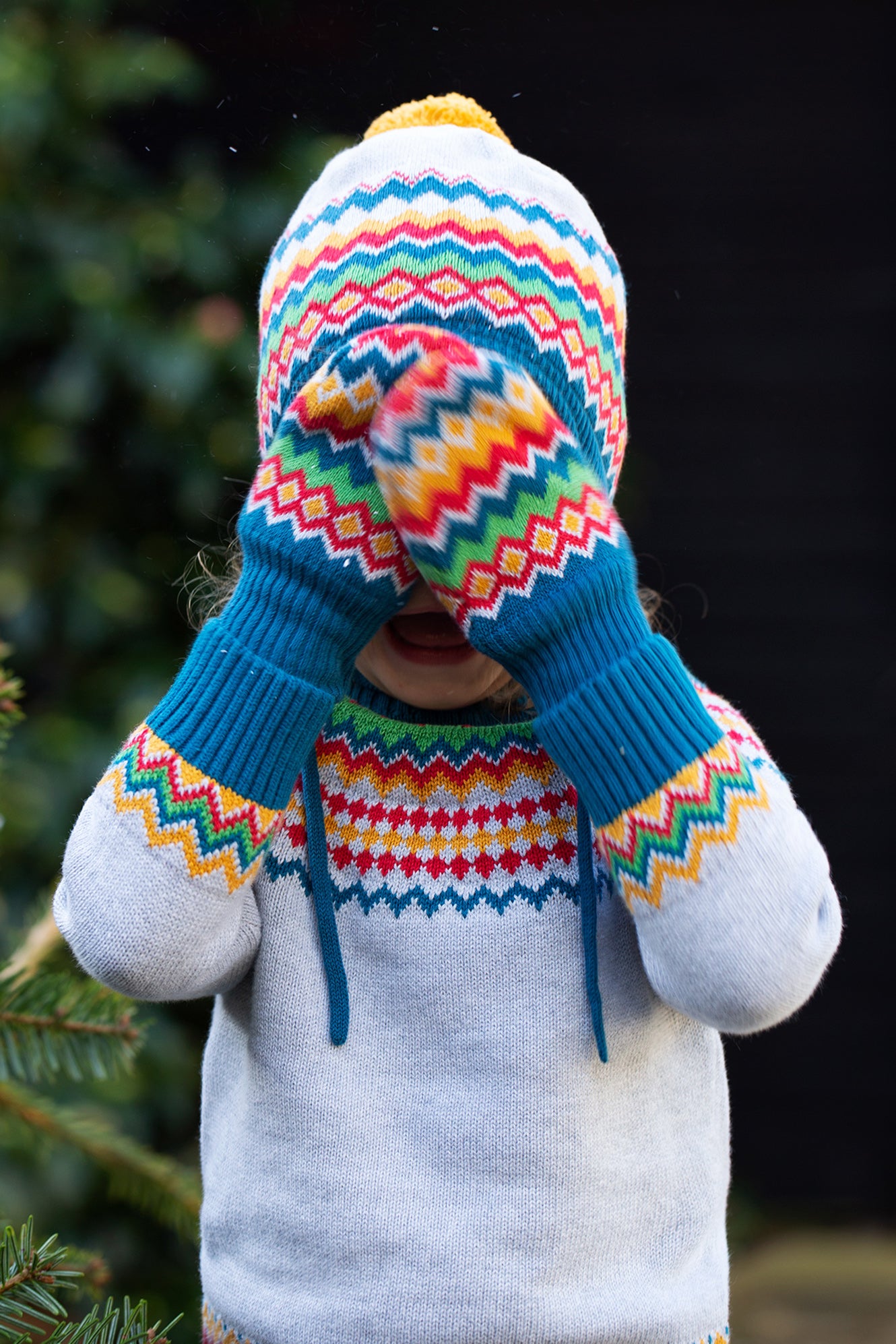 frugi rainbow fairisle knitted hat and mitten set