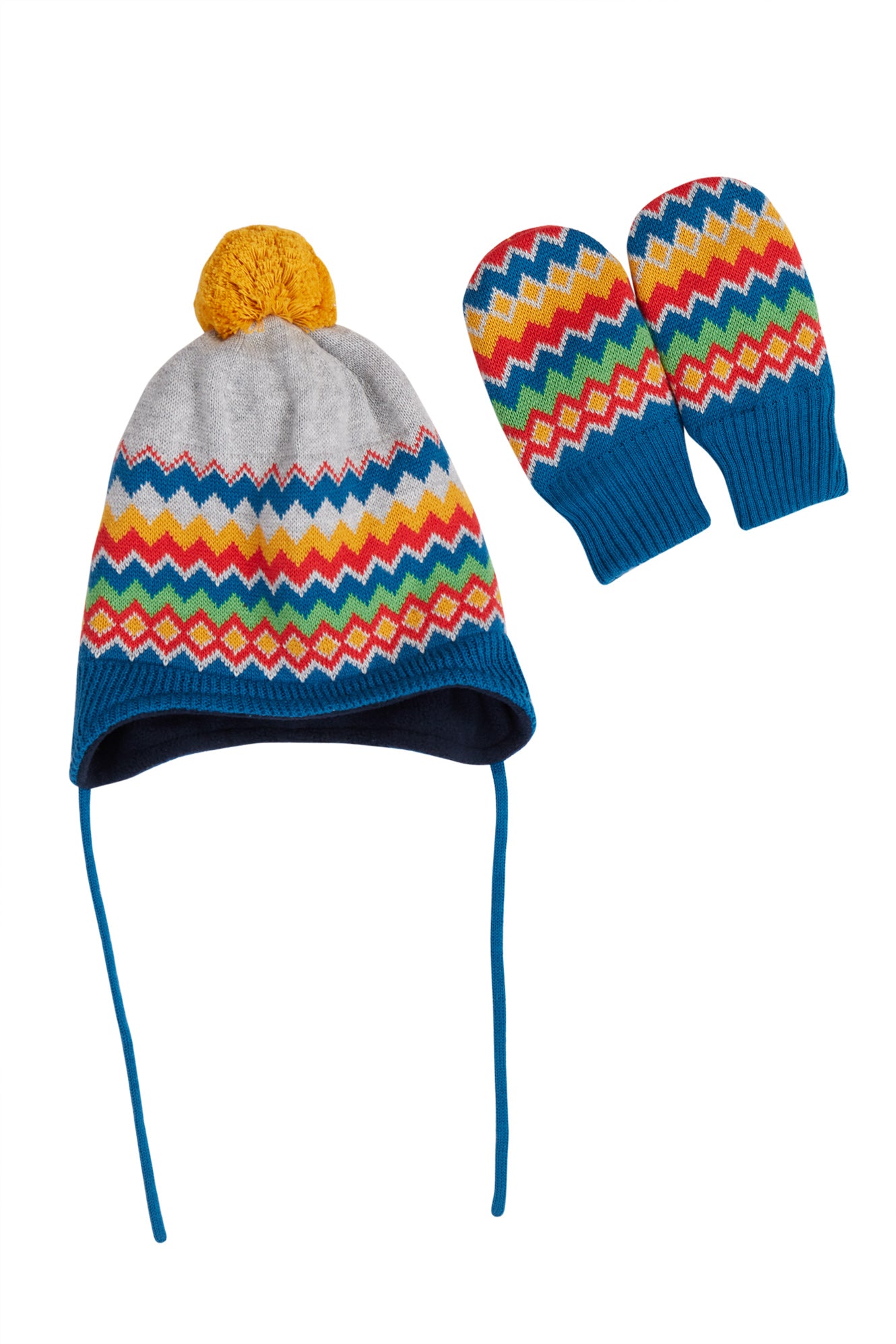 frugi rainbow fairisle knitted hat and mitten set