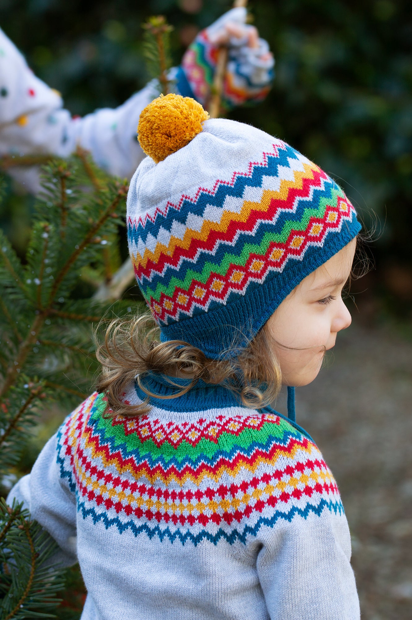 frugi rainbow fairisle knitted hat and mitten set