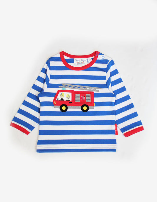 blue and white striped t shirt with fire engine applique on the front