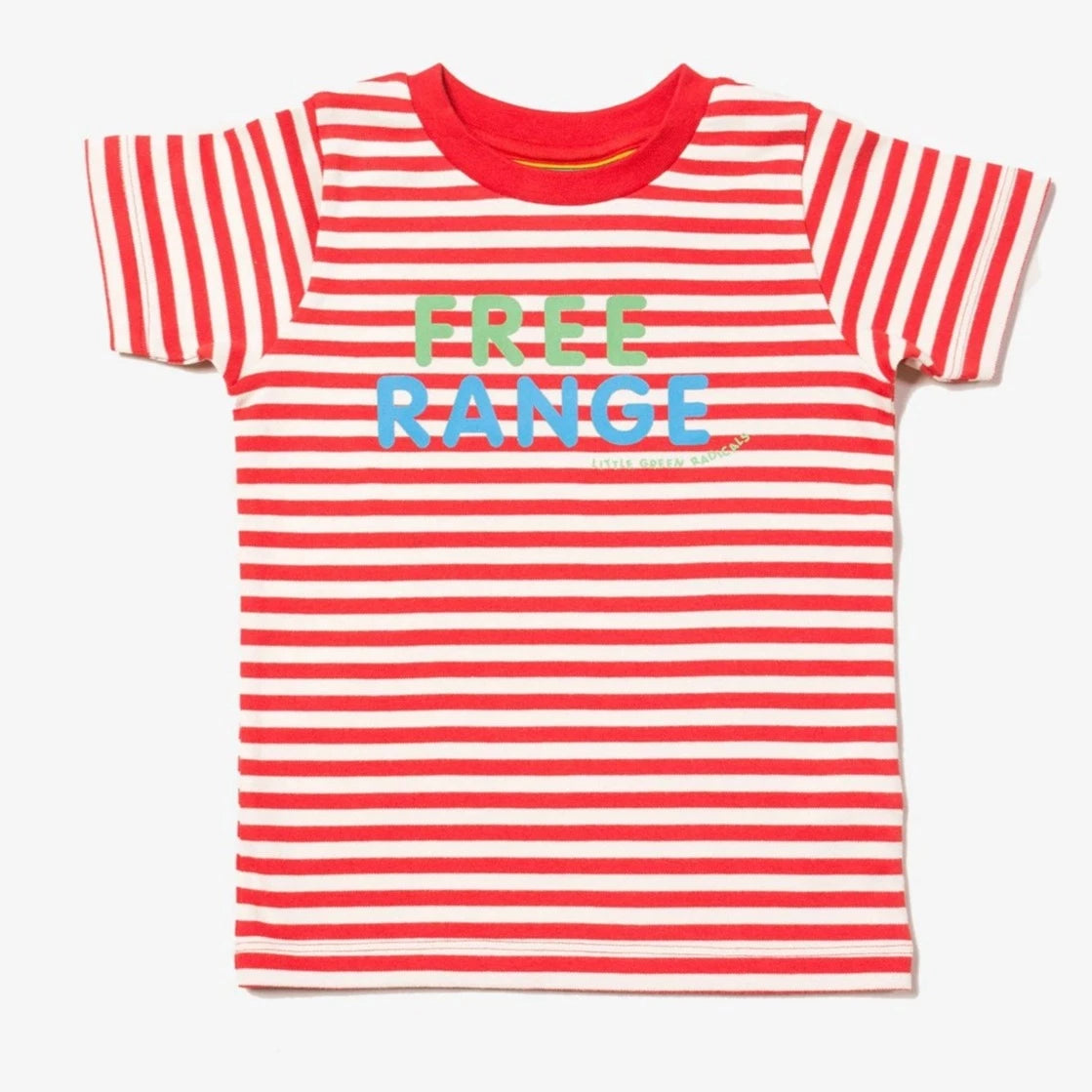 red and white striped tee with green and white screen printed Free Range logo on the front