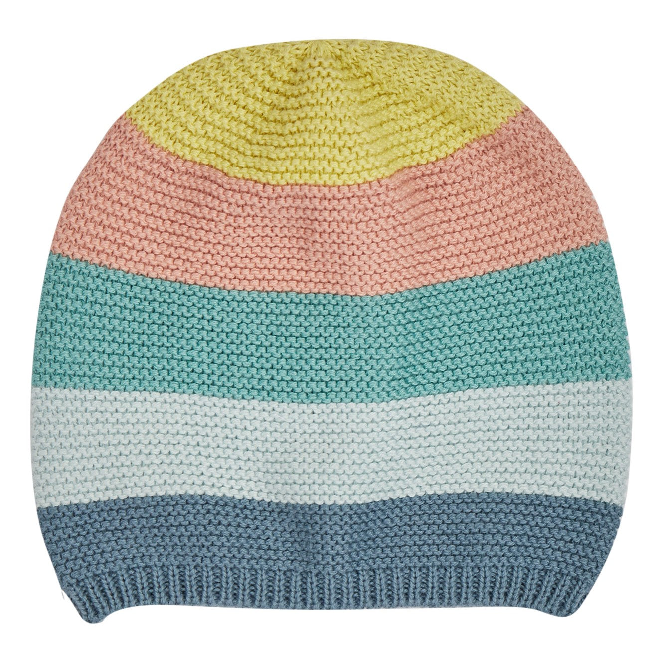 frugi harlen knitted hat in blue rainbow stripe