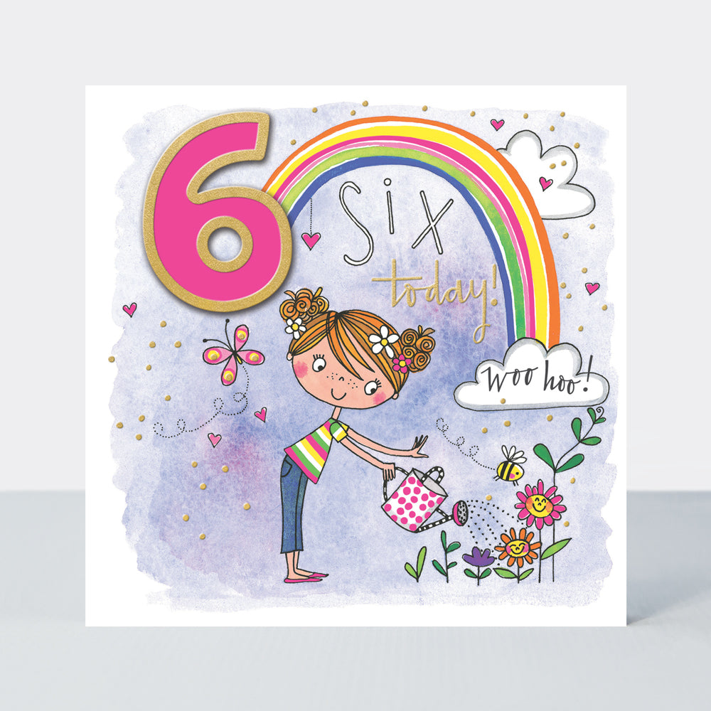 six today birthday card with illustration of a girl watering flowers on the front