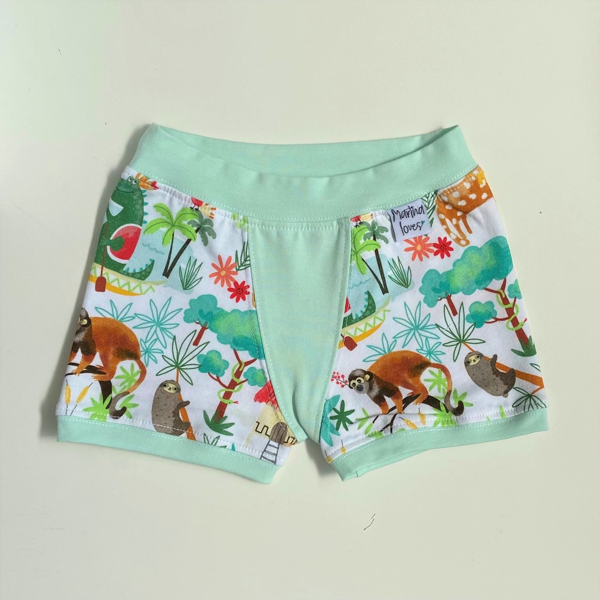 martha loves boxer shorts with jungle print and mint green trim