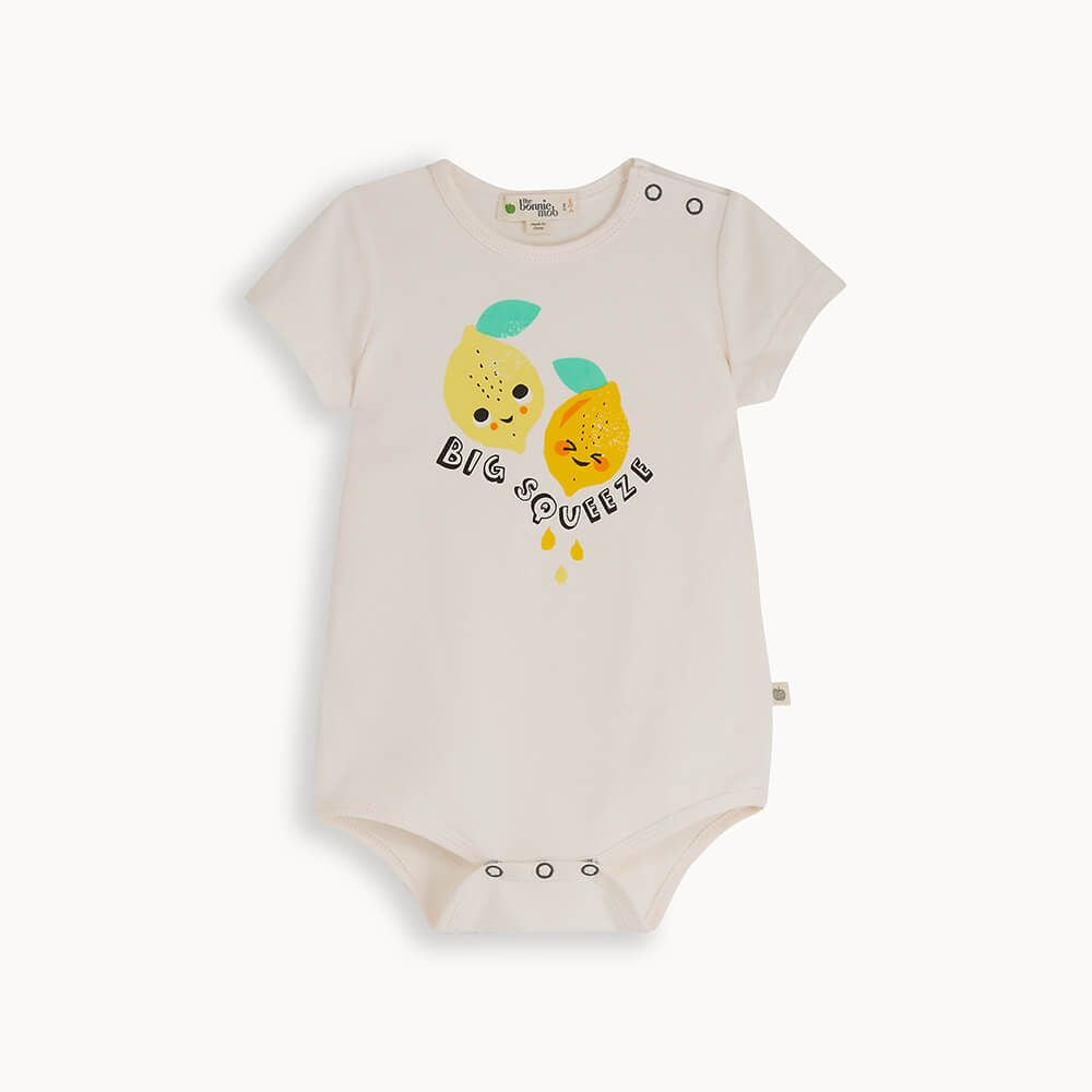 baby bodysuit with big squeeze logo and lemon print