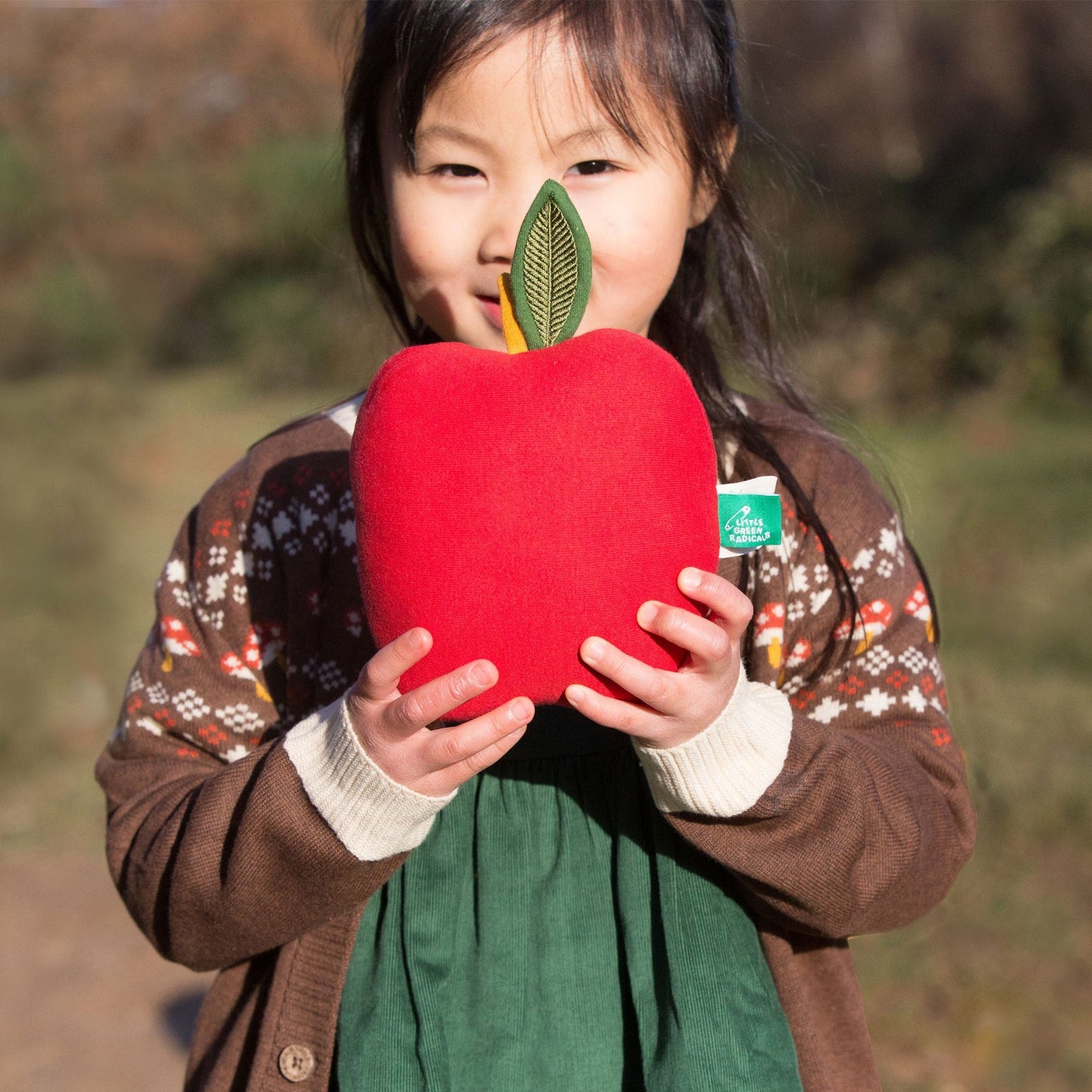 girl holding red apple soft toy
