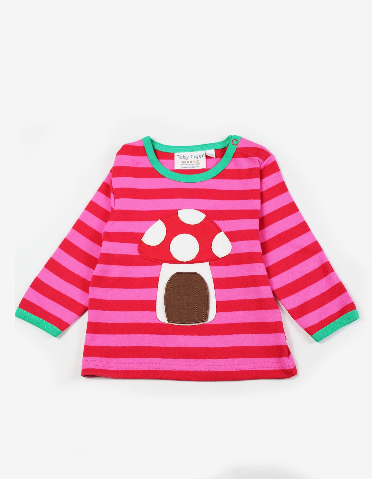 red and pink striped t shirt with mushroom and mouse applique