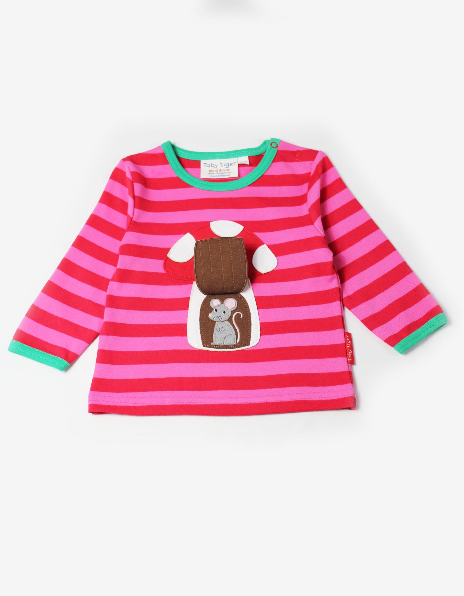 red and pink striped t shirt with mushroom and mouse applique