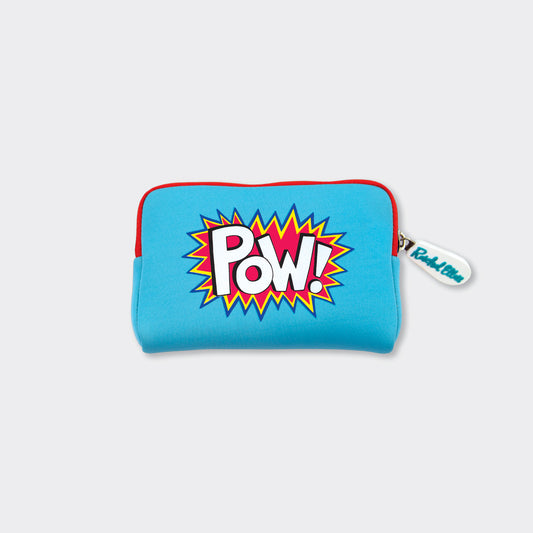 neoprene purse with superhero POW logo on the front