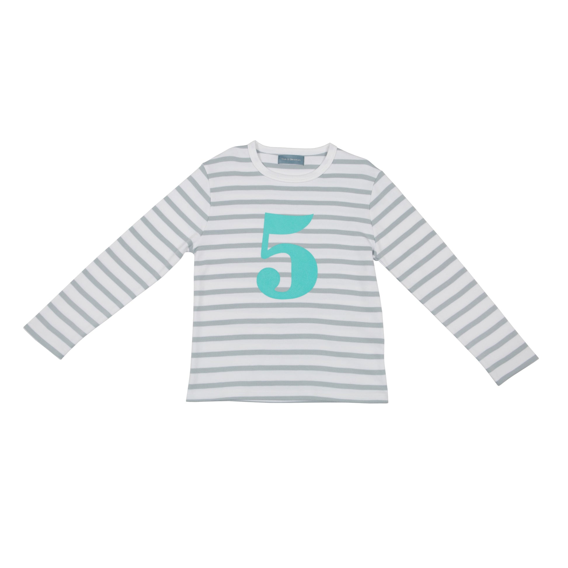 Bob & Blossom grey and white striped long sleeved t shirt with turquoise number 5