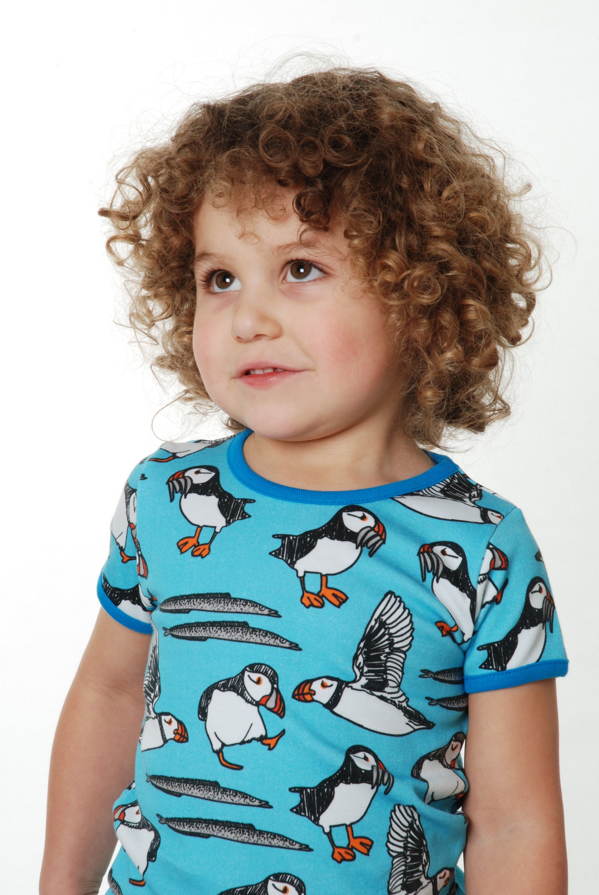 child wearing blue puffin print tee