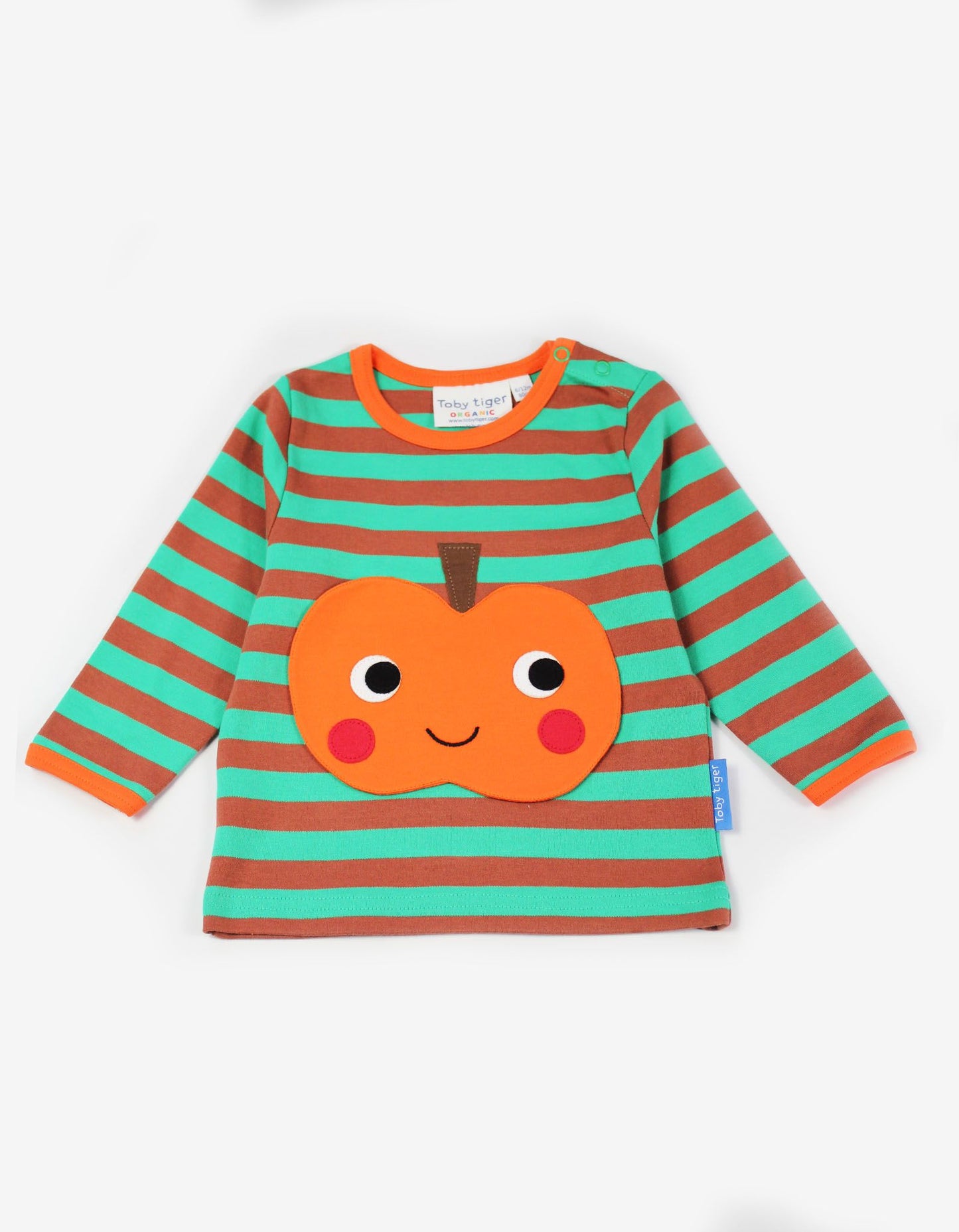 orange and green striped t shirt with applique pumpkin on the front
