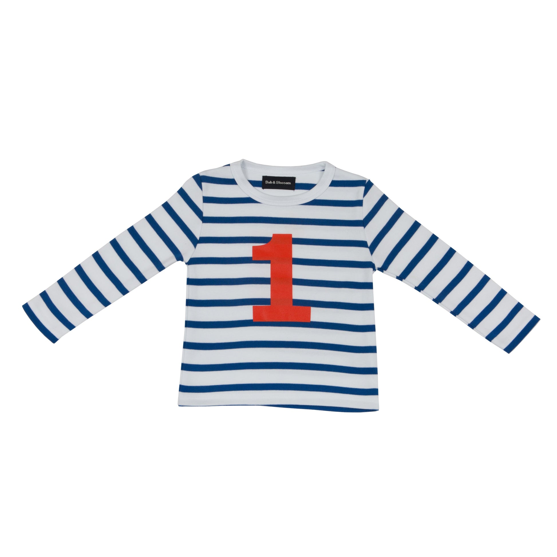 french blue and white striped t shirt with bright red number 1 on the front