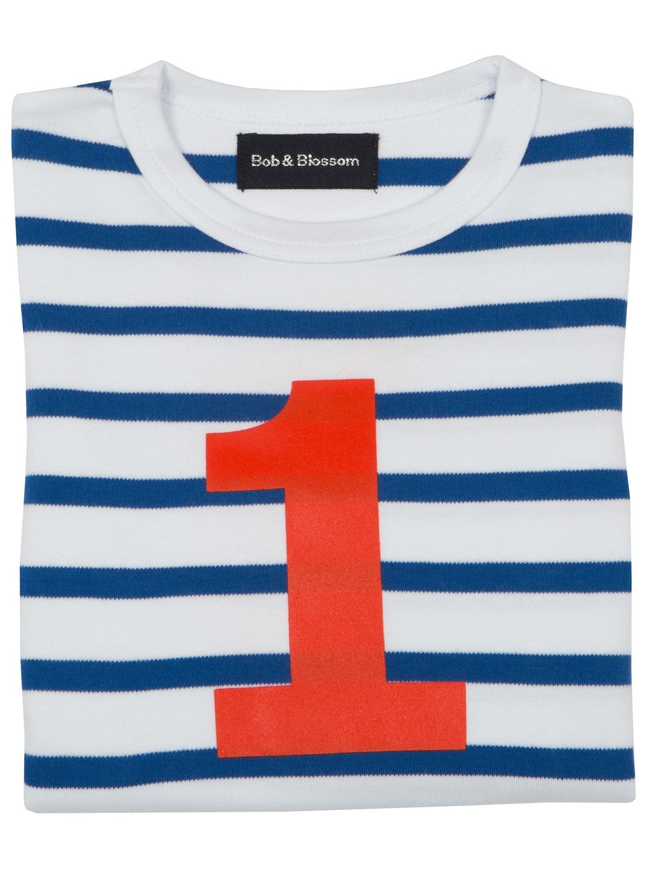 french blue and white striped top with red number printed on the front