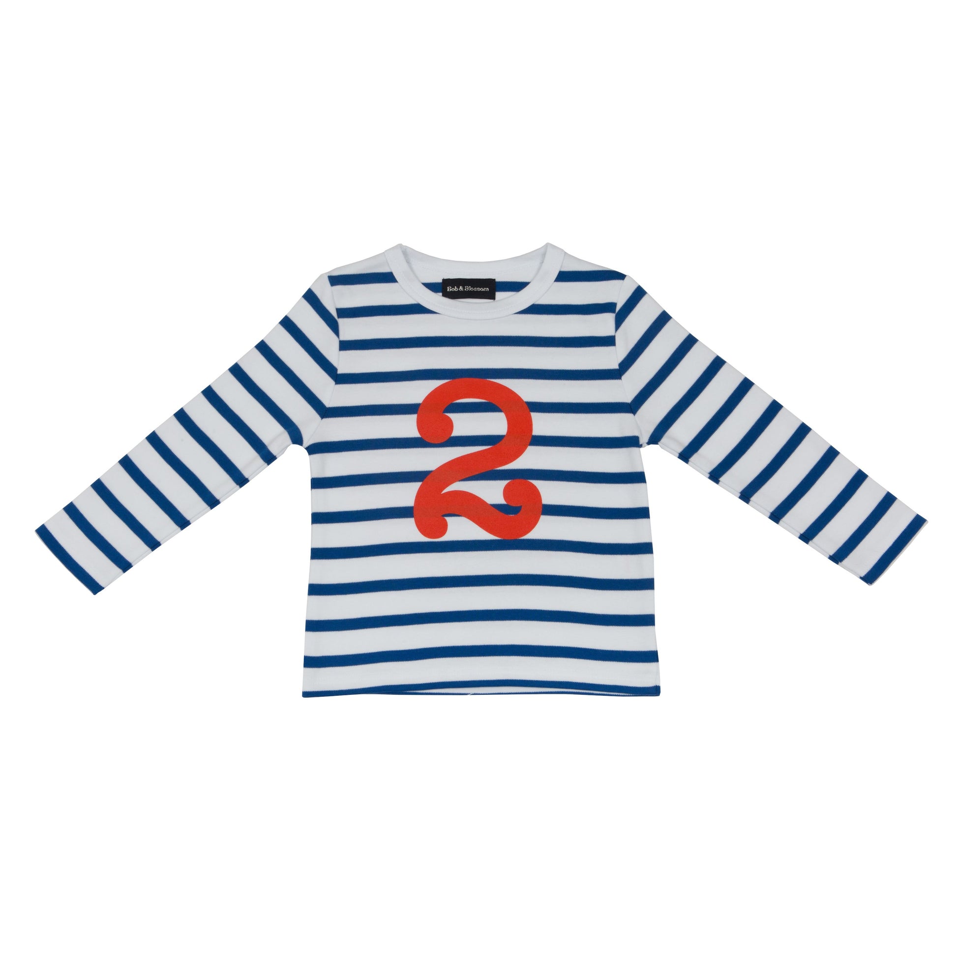 french blue and white striped t shirt with bright red number 2 on the front