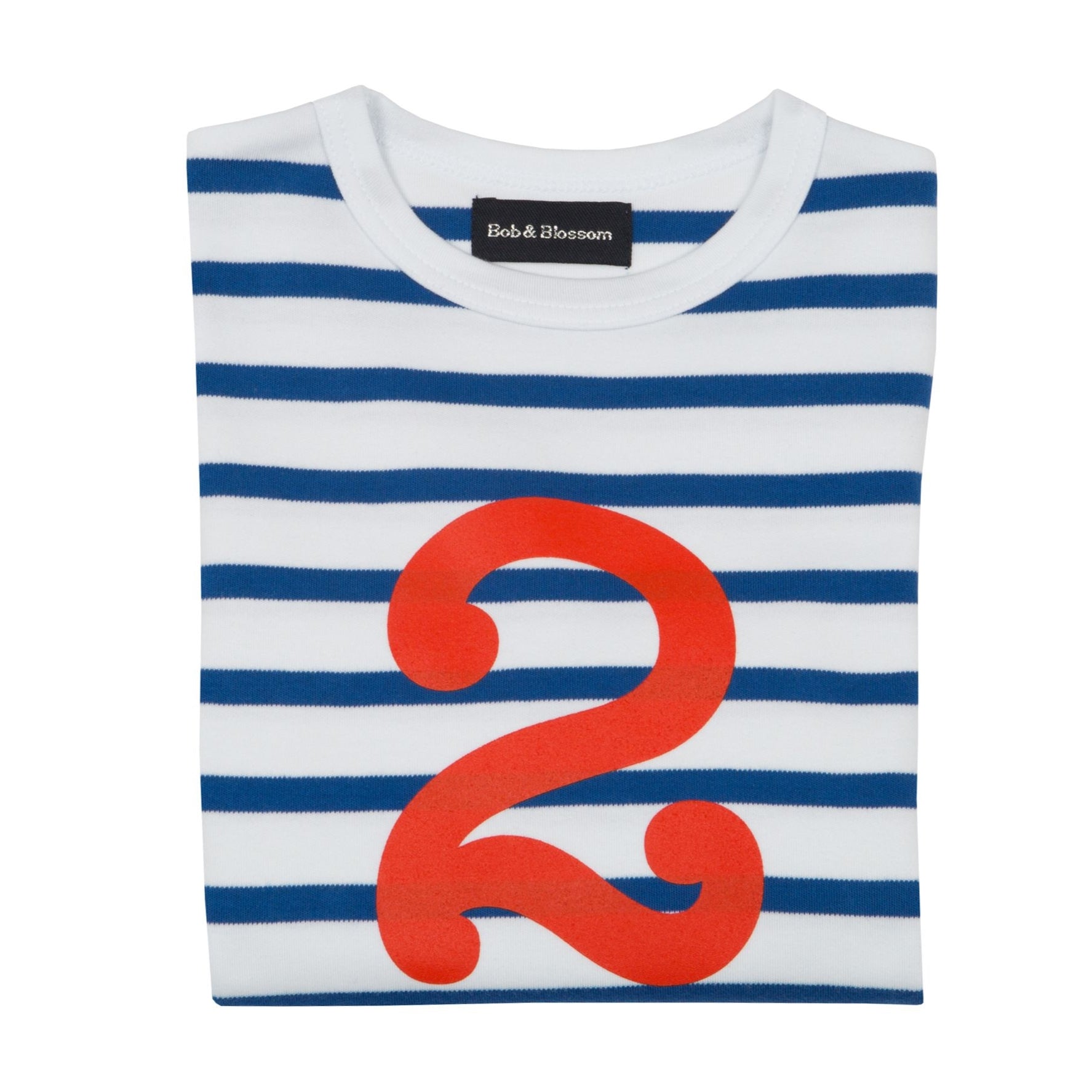 french blue and white striped t shirt with bright red number 2 on the front