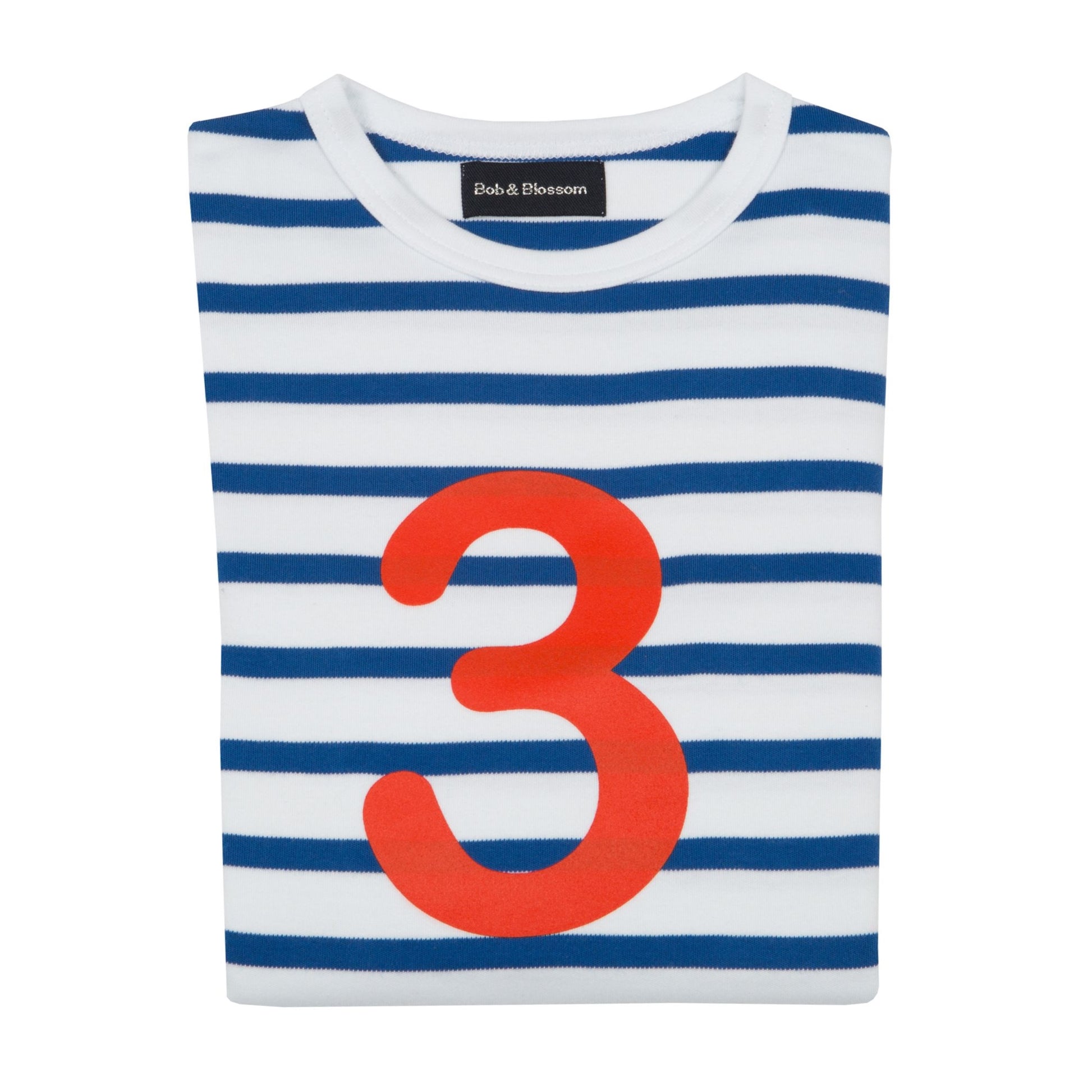 french blue and white striped t shirt with bright red number 3 on the front