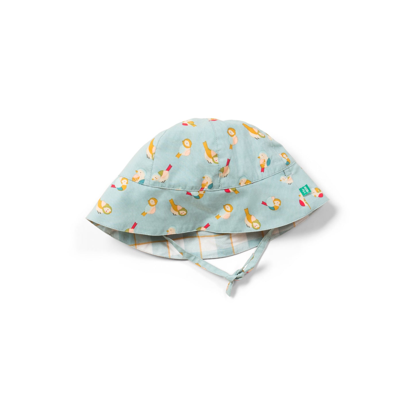 reversible sunhat in rainbow birds print and pale blue check by little green radicals at whippersnappersonline