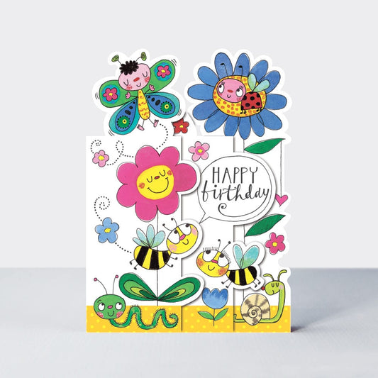 birthday card featuring flower and insect characters