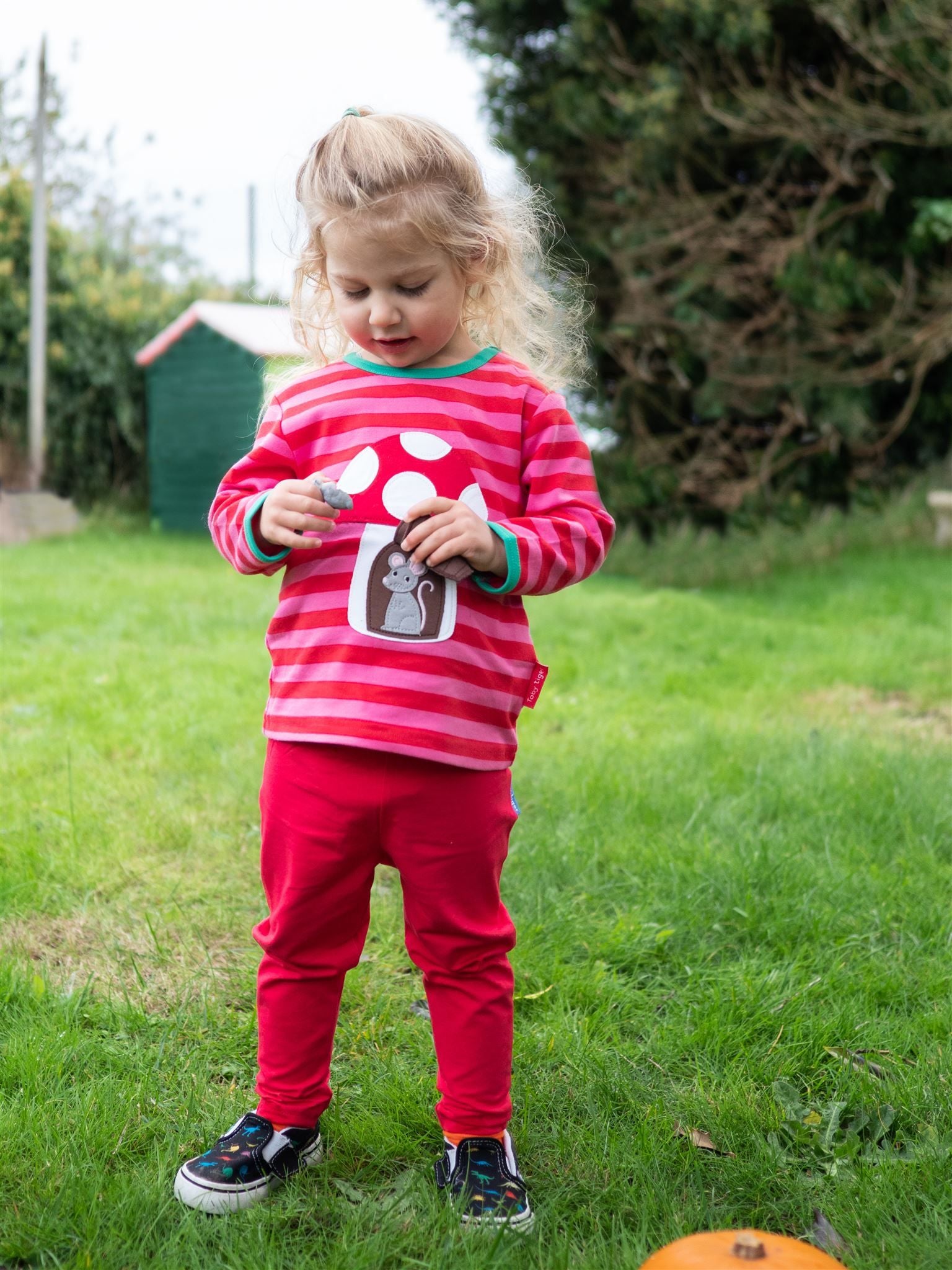 red and pink striped t shirt with mushroom and mouse applique